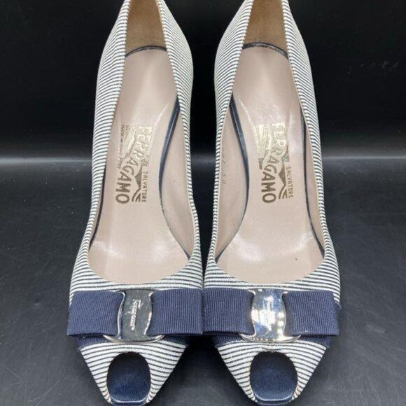 Salvatore Ferragamo Navy/White Stripe Peep-Toe Heels – Size 7.5B, Bow Accent - Picture 1 of 7